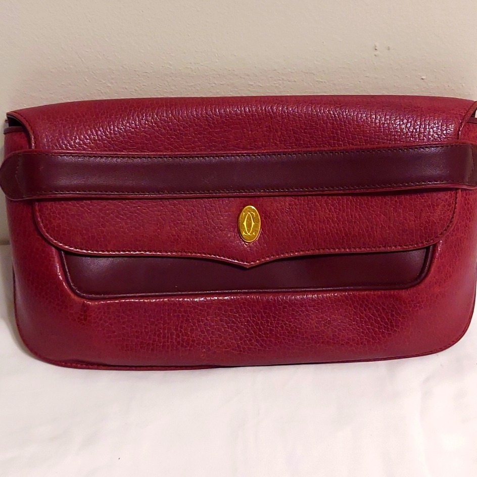 Authentic Must De Cartier Logo Clutch Hand Bag Leather Bordeaux Gold Italy Vtg